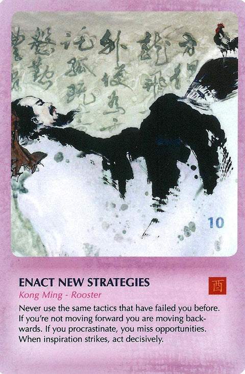 Orakulo korta "Enact New Strategies" (Kong Ming – Rooster), rožinė kortelė su tapybiniu gaidžiu ir patarimu imtis veiksmų