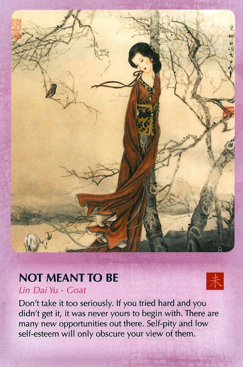 orakulo korta "Not Meant to Be" (Lin Dai Yu) – moteris rudu kimono tarp nuplikusių medžių, pranešimas apie paleidimą ir naujas galimybes