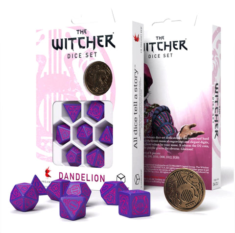 Kauliukų rinkinys The Witcher Dandelion, violetinis su rožiniais raižiniais, komplekte 7 kauliukai ir metalinė moneta