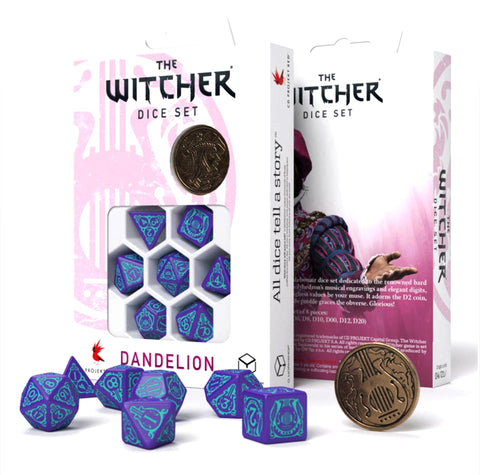 Kauliukų rinkinys The Witcher „Dandelion“ — violetiniai su turkio graviruotėmis, 7 dalių komplektas su temine metaline moneta ir originalia pakuote