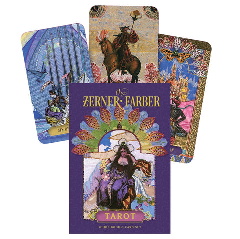 Prekės puslapyje: The Zerner-Farber tarot kortų rinkinys — purpurinė dėžutė priekyje ir trys iliustruotos kortos fone, detalių vaizdas