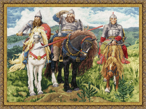 siuvinėtas paveikslas su trimis raiteliais ant žirgų, žaliuojančio lauko fone, aukso ornamentuotas rėmas, 60×50 cm
