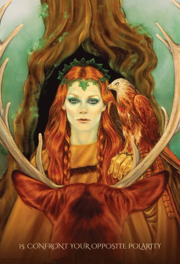 Tarot korta su raudonplauke moterimi, ereliu ant peties ir elnio ragais, simbolizuojanti priešingumą