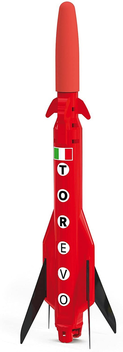 Raketa žaislinė raudona, stovinti iš priekio su juodomis sparnelėmis ir itališka vėliavos lipduku