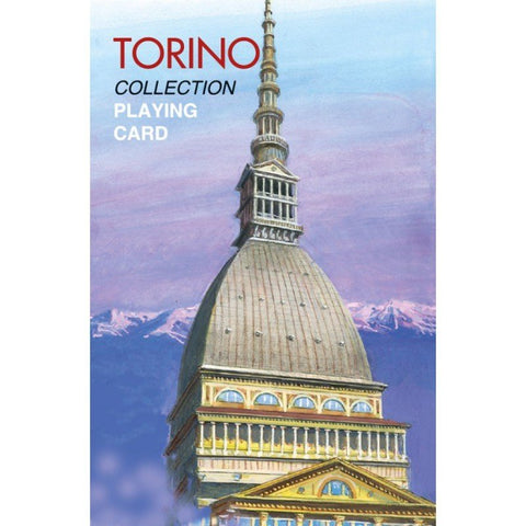 kortų kaladė Torino Collection su Mole Antonelliana piešiniu ir violetiniais bei aukso tonais, vertikalus dizainas