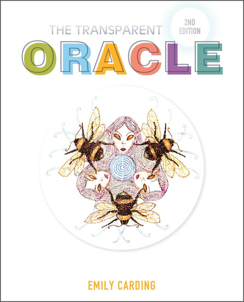 Knyga The Transparent Oracle, 2‑oji leidimas, Emily Carding — baltas viršelis su apvaliu piešiniu: bitės ir stilizuoti veidai