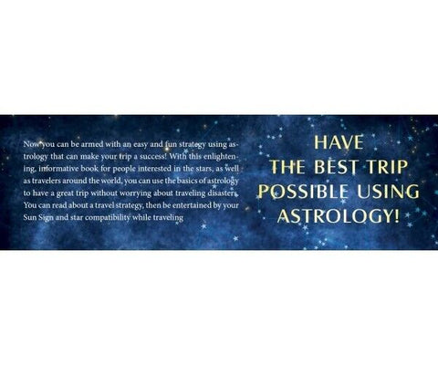 Astrologijos knyga su tamsiai mėlynu žvaigždėtu viršeliu, siūlanti kelionių strategijas ir suderinamumą pagal Zodiaką
