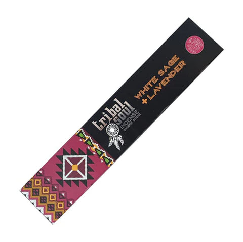 Smilkalai Tribal Soul White Sage + Lavender, juoda ir bordo pakuotė su etniniais raštais, kampinis priekinis rodinys