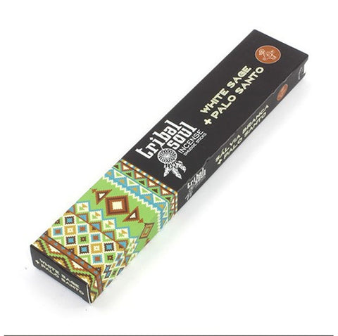 Smilkalai Tribal Soul White Sage + Palo Santo pakuotėje, juoda ir žalia ornamentuota dėžutė su švarų valymo aromatu