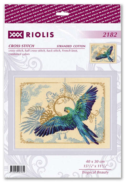 Kryželių siuvinėjimo rinkinys Riolis Tropical Beauty, 40×30 cm, pakuotėje su mėlyno‑žalsvo papūgos dizaino peržiūra