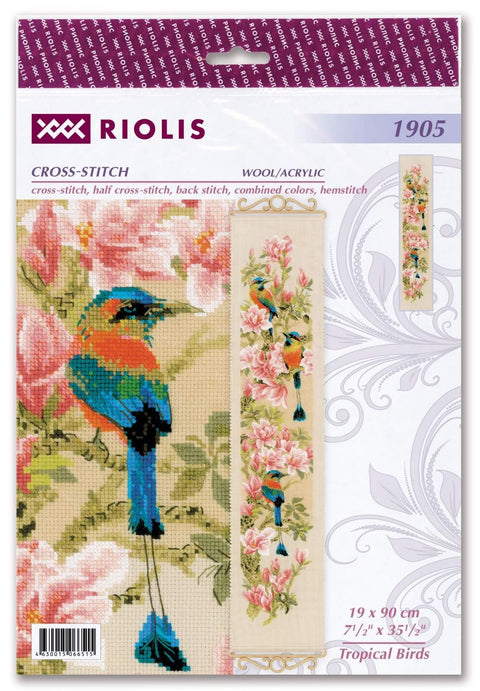 kryželių rinkinys Riolis su mėlynos–oranžinės tropinio paukščio ir rožinių gėlių vertikaliu raštu, 19×90 cm