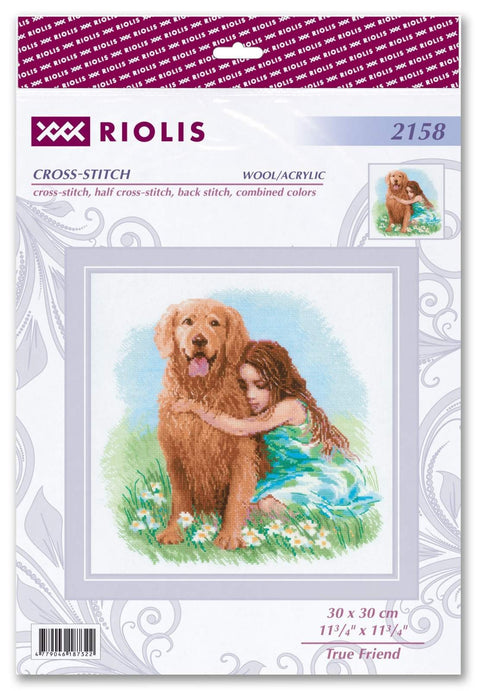 Kryželinio siuvinėjimo rinkinys Riolis True Friend 30×30 cm, auksaspalvis šuo ir mergaitė gėlėtame fone, pilnas komplektas