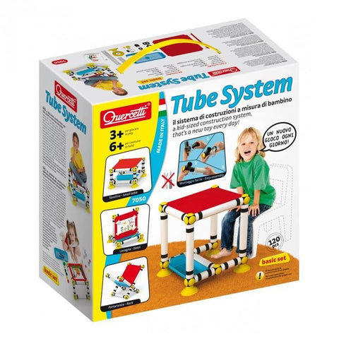 konstruktoriaus rinkinys Quercetti Tube System — basic set su raudonu stalu, geltonomis jungtimis ir 120 detalių, pakuotės priekis