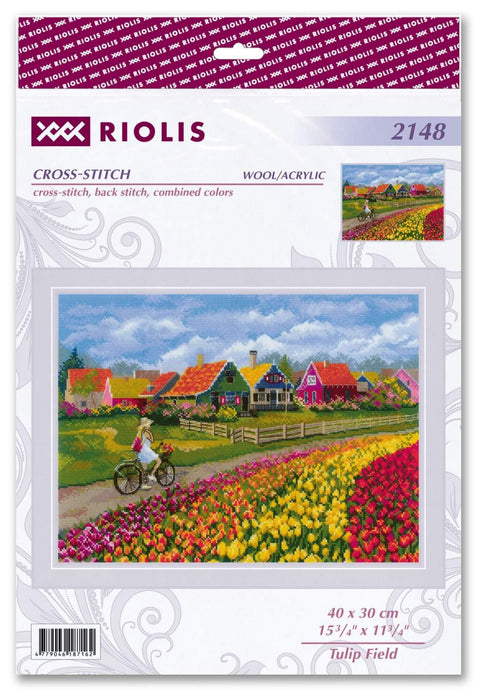 Kryželių siuvinėjimo rinkinys Riolis „Tulip Field“, 40×30 cm, vilna/akrilas, spalvota tulpių pieva su dviratininke ir nameliais