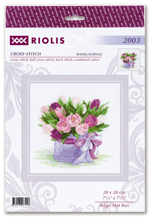 Kryželių rinkinys Riolis, 20×20 cm, rožinių tulpių puokštė violetinėje skrynelėje ant dėžutės priekio