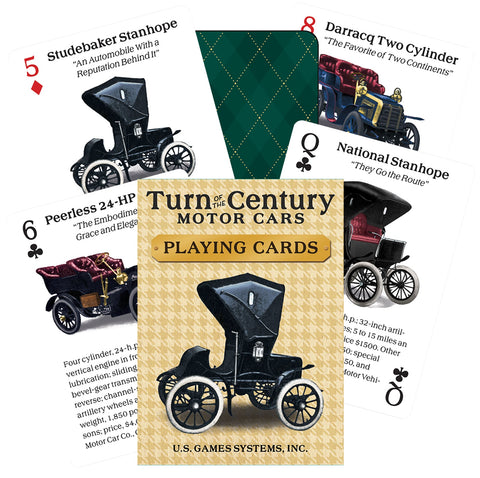 Žaidimo kortų rinkinys Turn of the Century Motor Cars – dėžutės priekis ir fanuotos kortos su senovinių automobilių iliustracijomis ir trumpais aprašymais