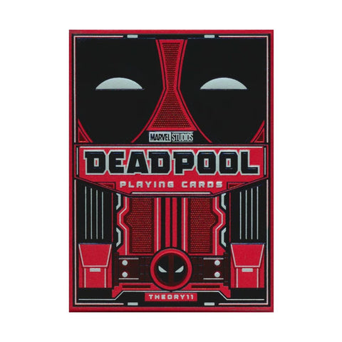 Deadpool žaidimo kortos – raudona ir juoda firminė Theory11 dėžutė su Marvel logotipu, priekis su kaukės dizainu
