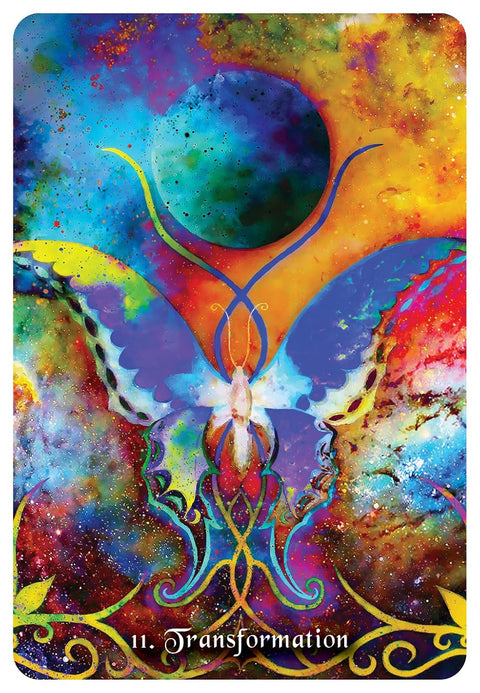 tarot korta Transformacija – spalvingas drugelio ir kosminės planetos motyvas, ryškūs violetiniai, mėlyni ir oranžiniai tonai