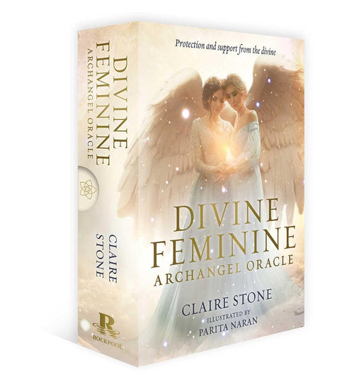 Orakulų kortos Divine Feminine – trijų ketvirčių kampo dėžutė su šviesia angelų iliustracija ir auksiniais užrašais