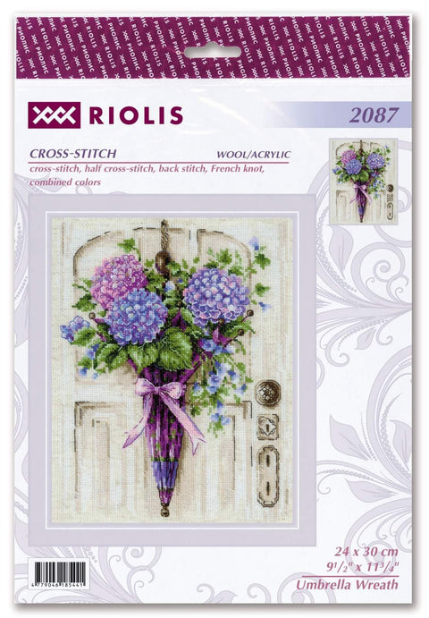 Kryželių rinkinys Riolis: hortenzijų puokštė ant durų su violetiniais–mėlynais atspalviais, 24×30 cm pakuotė