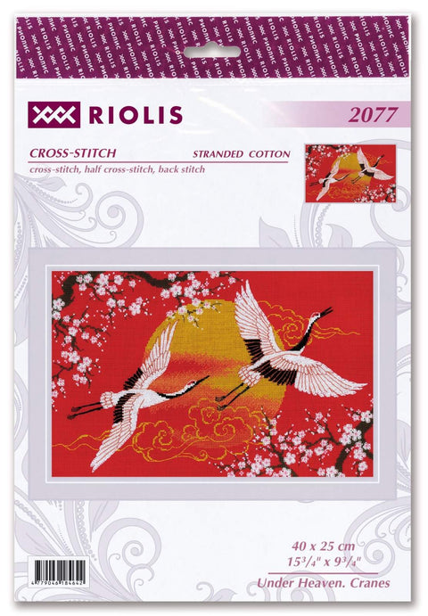 kryželių rinkinys Riolis su raudonu fonu ir baltomis gervėmis, 40×25 cm dizainas ant pakuotės