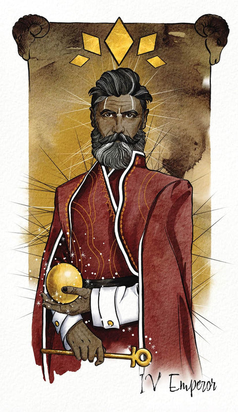 Tarot korta Imperatorius – vertikalus iliustruotas plakatėlis raudona mantija, auksiniai akcentai, laikantis auksinį rutulį ir skeptrą