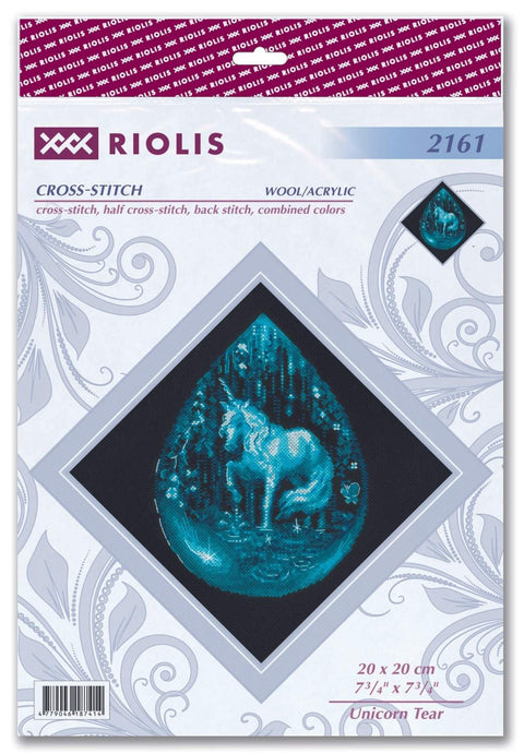 Kryželių rinkinys Riolis Unicorn Tear, mėlyno–turkio vienaragio ašara motyvas ant juodo fono, 20×20 cm pakuotė