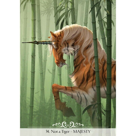 Plakatas Not a Tiger (MAJESTY) — vertikalus oranžinis dryžuotas vienaragis‑tigras šonu tarp bambukų su spiraliniu ragu, dekoratyvus sienai