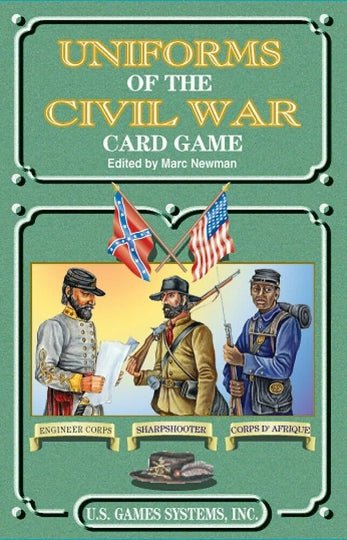 Kortų žaidimas Uniforms of the Civil War, žalias viršelis su trimis iliustruotais kareiviais ir U.S. Games Systems logotipu