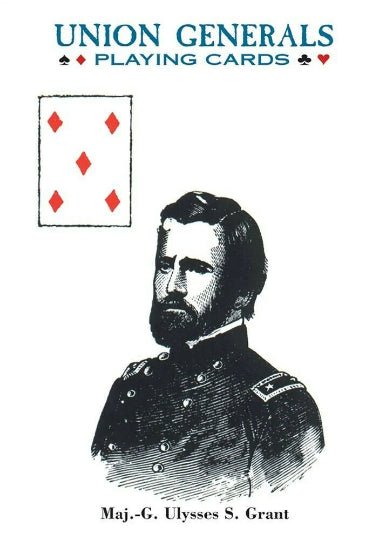 Lošimo kortos Union Generals su generolo Ulysseso S. Grant portretu ir viršuje matoma penkių deimantų korta