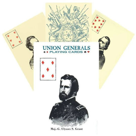 Union Generals žaidimų kortų dėžutė su Ulysses S. Grant portretu ir išskleistomis kremo spalvos kortomis
