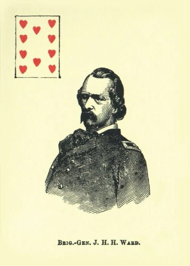 Antikvarinis iliustracinis spaudinys juodai baltas, Brig. gen. J. H. H. Ward portretas su devynių širdžių kortos intarpu