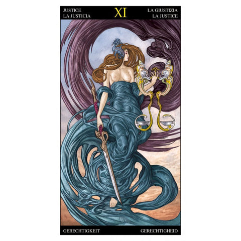 tarot korta Teisingumas, vertikalus pilnas kortos piešinys su moterimi, kardu ir auksinėmis svarstyklėmis