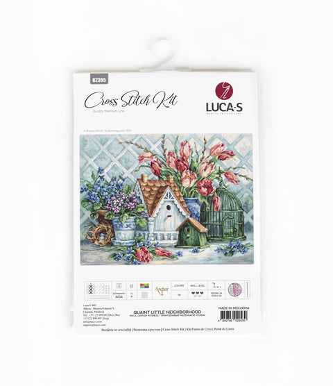 Kryželių rinkinys LUCA‑S „Quaint Little Neighborhood“ ant priekinės pakuotės, pastelinių tulpių ir namelių dizainas