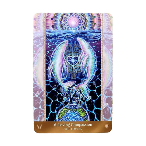 tarot korta The Lovers (6) mėlynos–violetinės versijos su širdies vartais, spindinčiais angelų sparnais ir empatijos simbolika