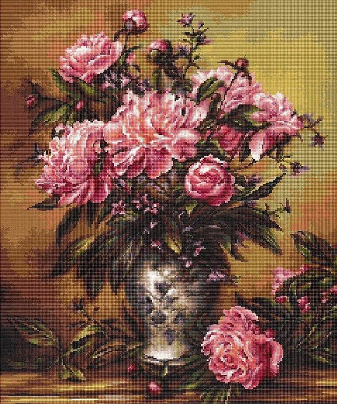 Drobė su rožinių bijūnų puokšte vazoje, šiltos senovinės spalvos, stačiakampis 60×80 cm dekoras