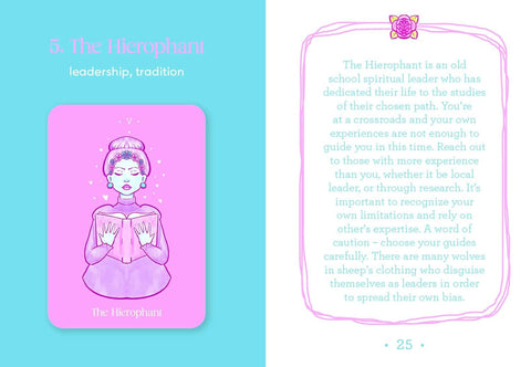 Tarot korta Hierophant rožinė, priekinis vaizdas kartu su interpretacijos puslapiu, nurodanti vadovavimo ir tradicijos reikšmę trgovėje