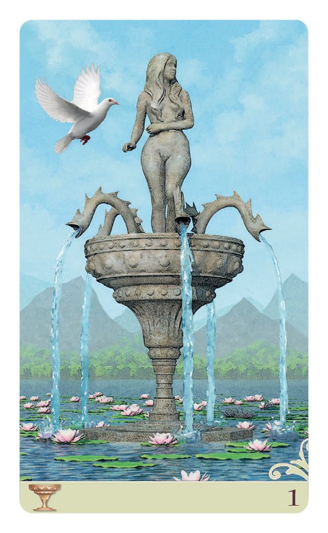 tarot korta rodo skulptūrinę fontaną su baltu balandžiu ir lelijomis, viso kortos priekio iliustracija šviesiai mėlyname fone