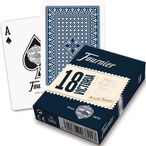 Pokerio kortos Fournier 18 Victoria tamsiai mėlyname dėkle, matomas nugarėlių raštas ir pikų tūzas