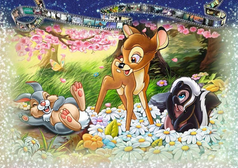 Dėlionė su Disney Bambi, Thumperiu ir Flower tarp ramunių, spalvingas blizgus rėmelis bei kino juosta
