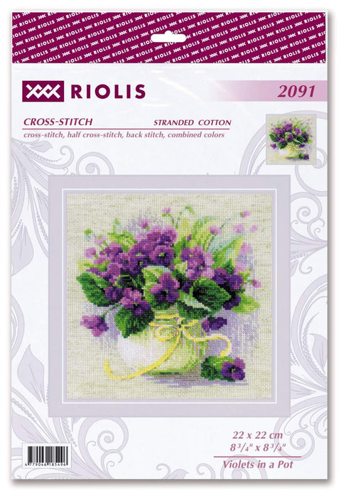 Kryželių siuvinėjimo rinkinys Riolis 2091, alyvinės violetės puode, 22×22 cm komplektas pakuotėje
