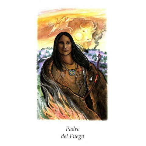tarot korta Padre del Fuego su vietinės kultūros karo portretu, liepsna priekyje, bizono siluetas ir lankas fone