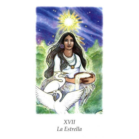 tarot korta La Estrella (XVII) – spalvota iliustracija: moteris pilsto vandenį į dubenį, gulbės ir žvaigždė virš galvos.