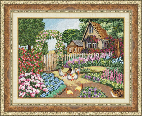 Kryželių rinkinys rėminta sodo scena su kotedžu, rožinėmis ir mėlynomis gėlėmis bei ančiukais, 40×50 cm
