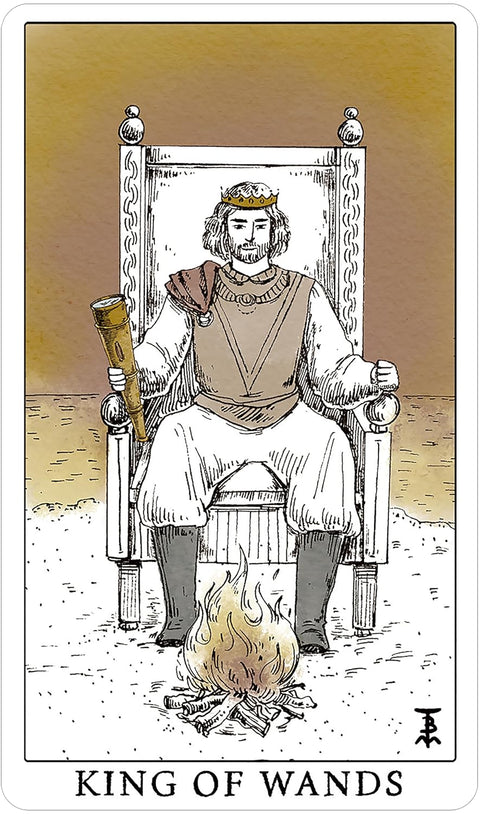 Tarot korta Karalius lazdų, Rider–Waite stiliaus versija: sėdintis karalius su auksine karūna ir lazda virš laužo