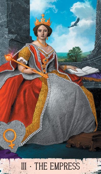 Tarot korta Imperatorė, pilno kadro iliustracija su raudona ir auksine suknele, karūna ir skeptru
