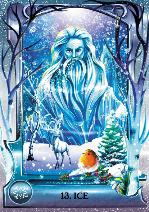 tarot korta Ice mėlynai ledinė iliustracija, rodanti didingą ledo vyro profilį, elnią ir raudonakrūtį paukštį, unikalus dizaino variantas