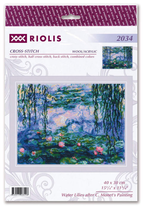 Kryželių rinkinys Monet vandens lelijos, Riolis, 40×30 cm, vilna/akrilas, pakuotėje su baigto darbo pavyzdžiu