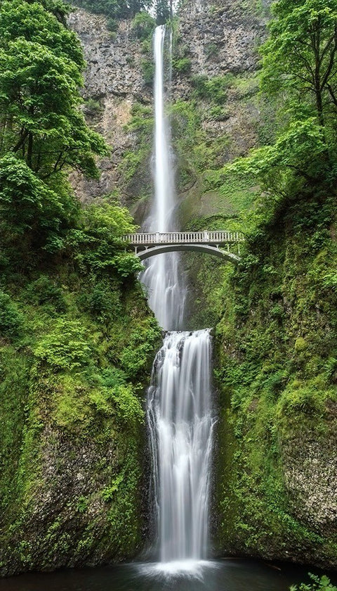Sieninis plakatas Multnomah krioklio, vertikalus 60×90 cm, ryškūs žali tonai ir tiltas virš dvigubos kaskados