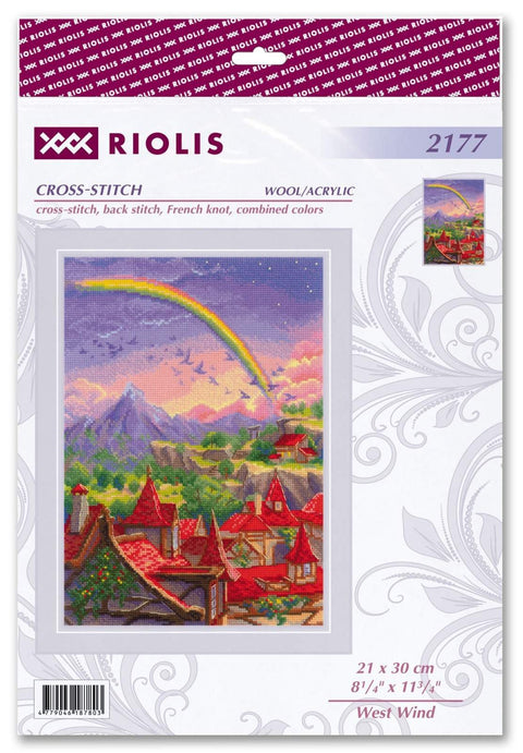 Kryželių rinkinys Riolis "West Wind", 21×30 cm, vilna/akrilas, spalvingas kaimelio peizažas su vaivorykšte